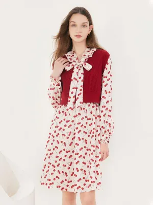 Floral Two-Piece Set Dress And Woolen Vest