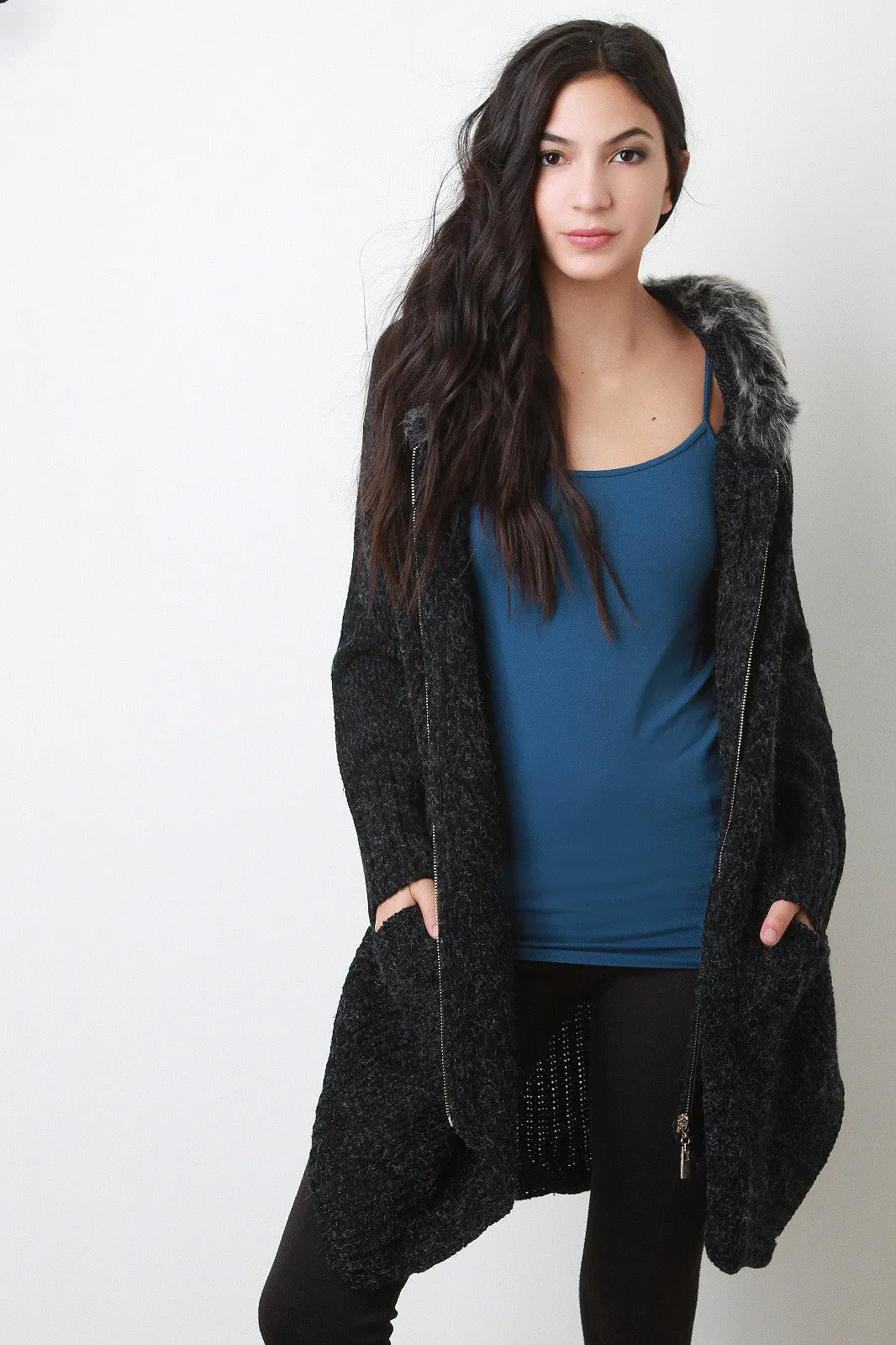 Fur Lined Hooded Sweater Coat