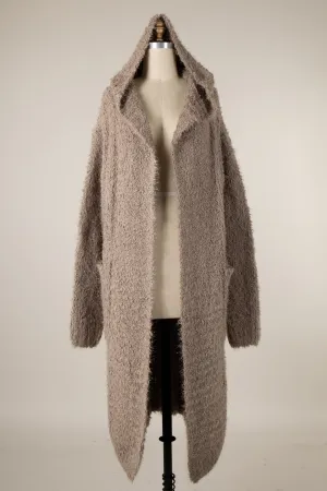 Fuzzy Fluffy Hooded Long Cardigan With Pockets