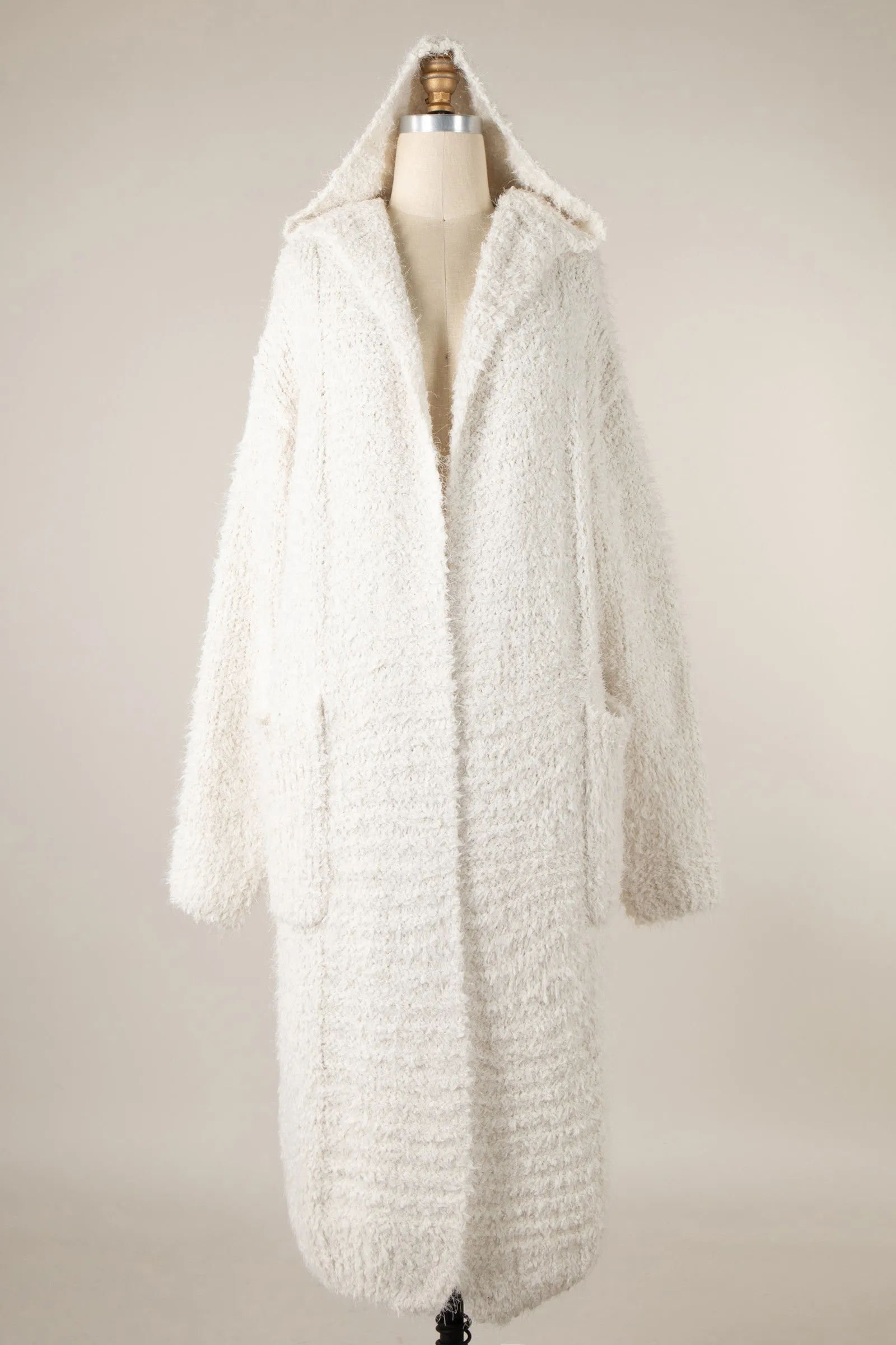 Fuzzy Fluffy Hooded Long Cardigan With Pockets