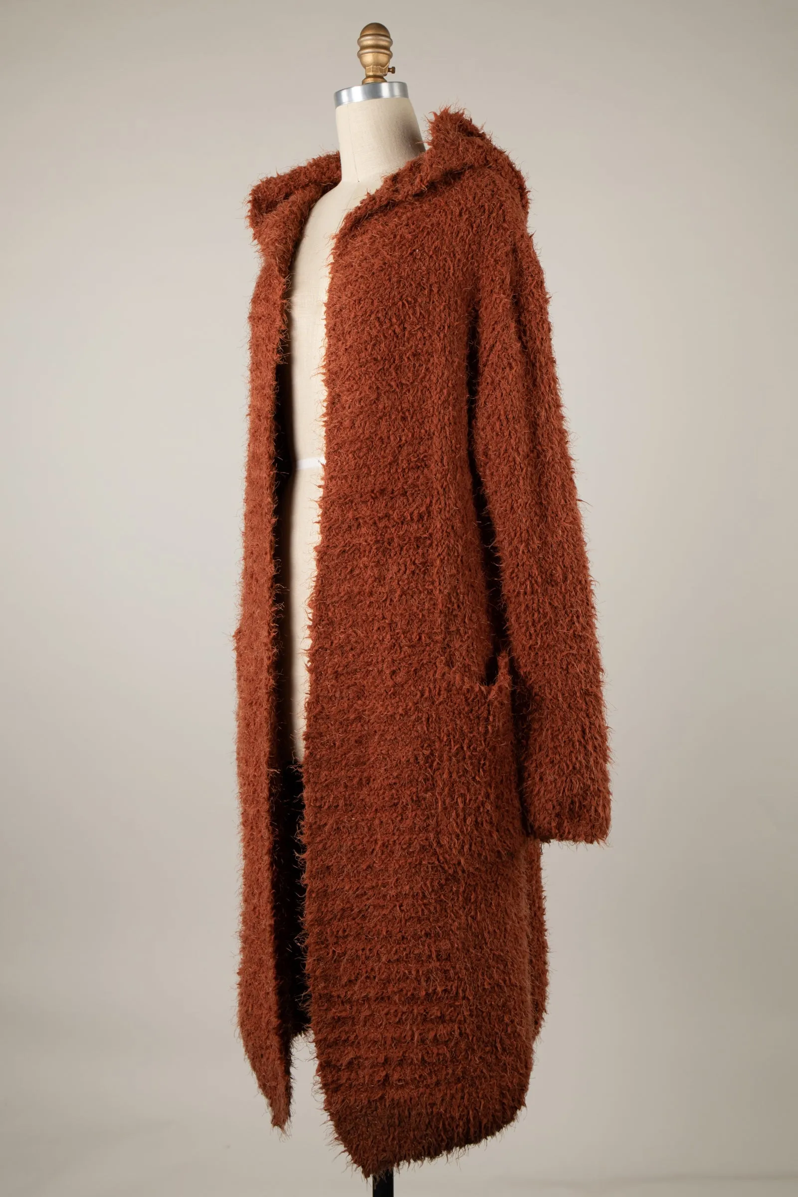 Fuzzy Fluffy Hooded Long Cardigan With Pockets