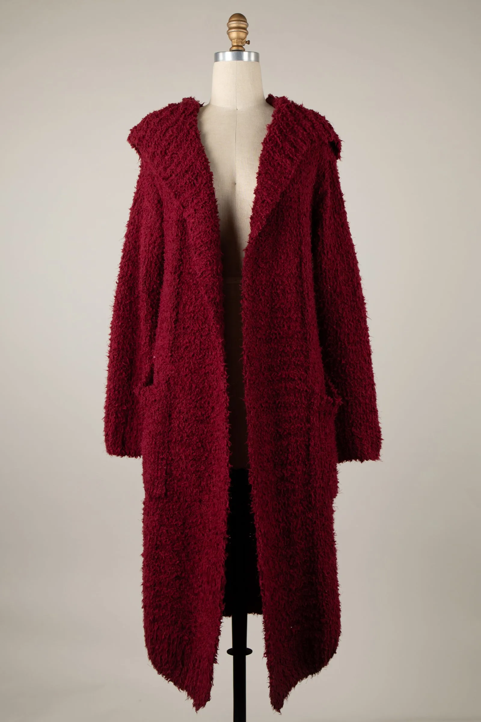 Fuzzy Fluffy Hooded Long Cardigan With Pockets