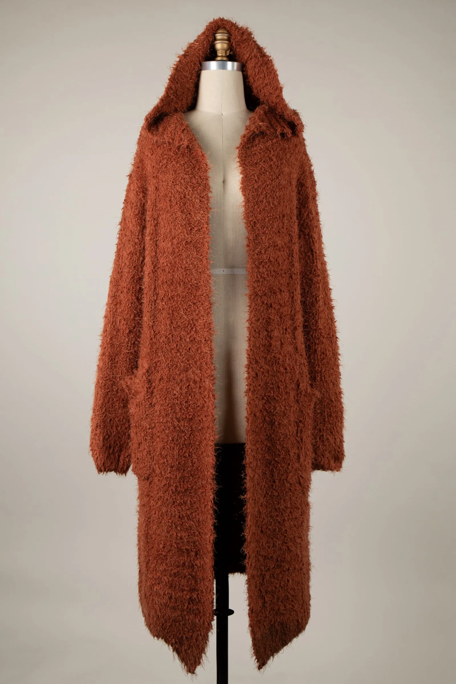 Fuzzy Fluffy Hooded Long Cardigan With Pockets