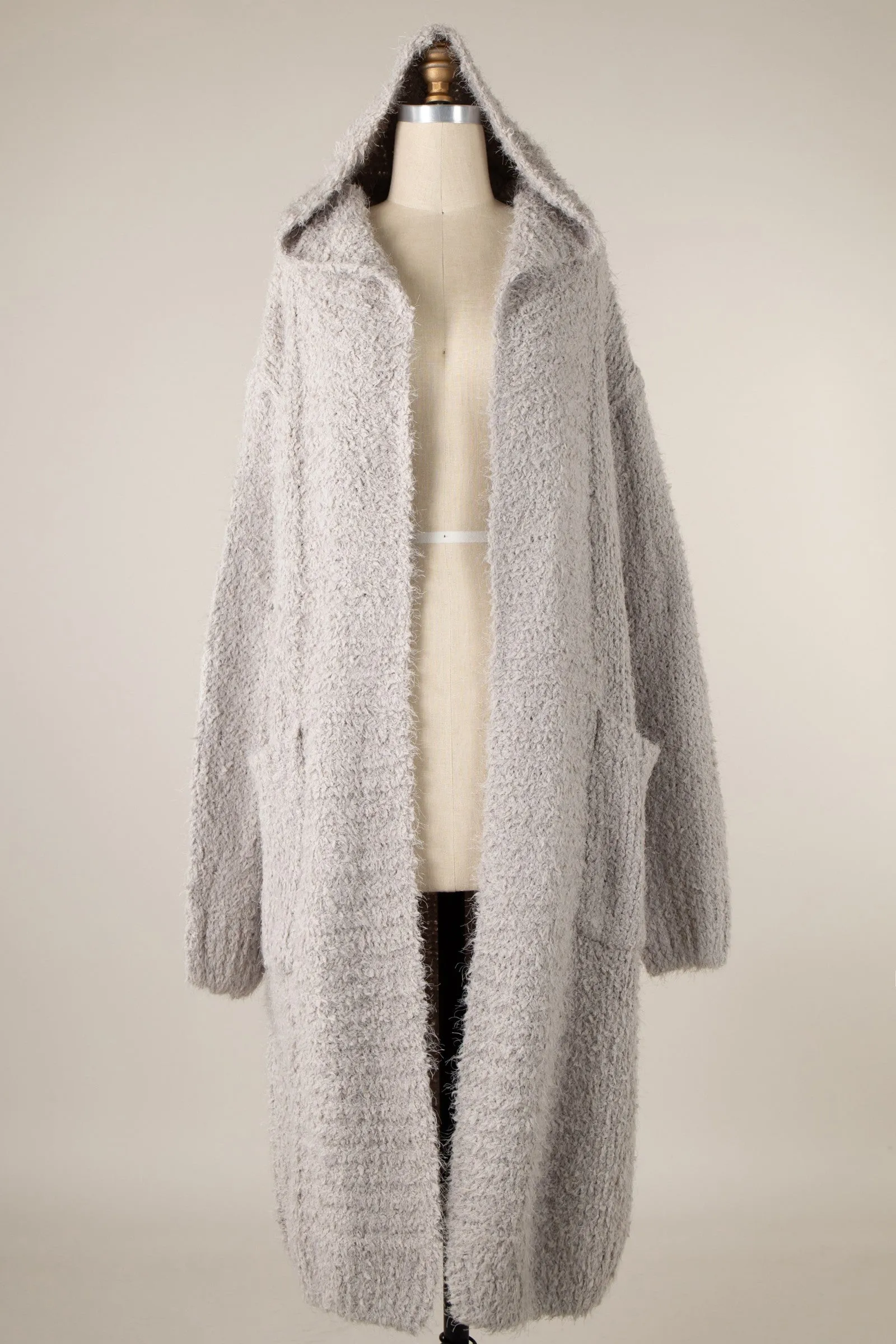 Fuzzy Fluffy Hooded Long Cardigan With Pockets