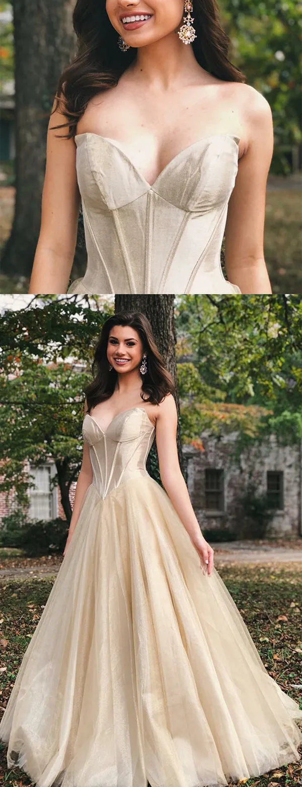 Gold Velvet Tulle Strapless Empire Waist Prom Dresses,PD00174