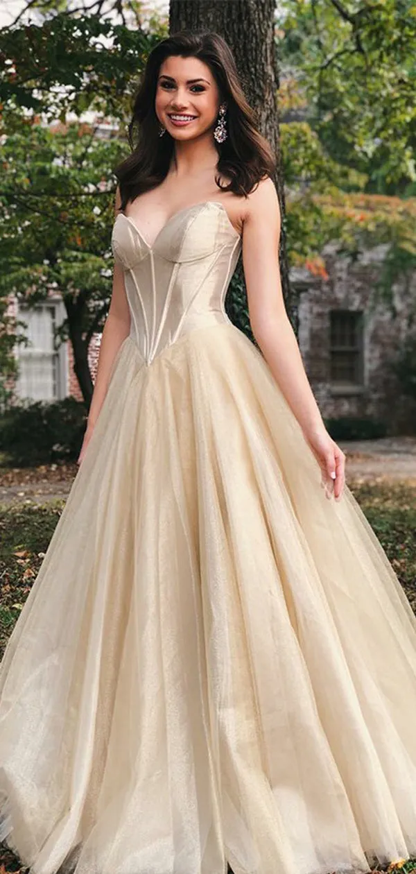 Gold Velvet Tulle Strapless Empire Waist Prom Dresses,PD00174