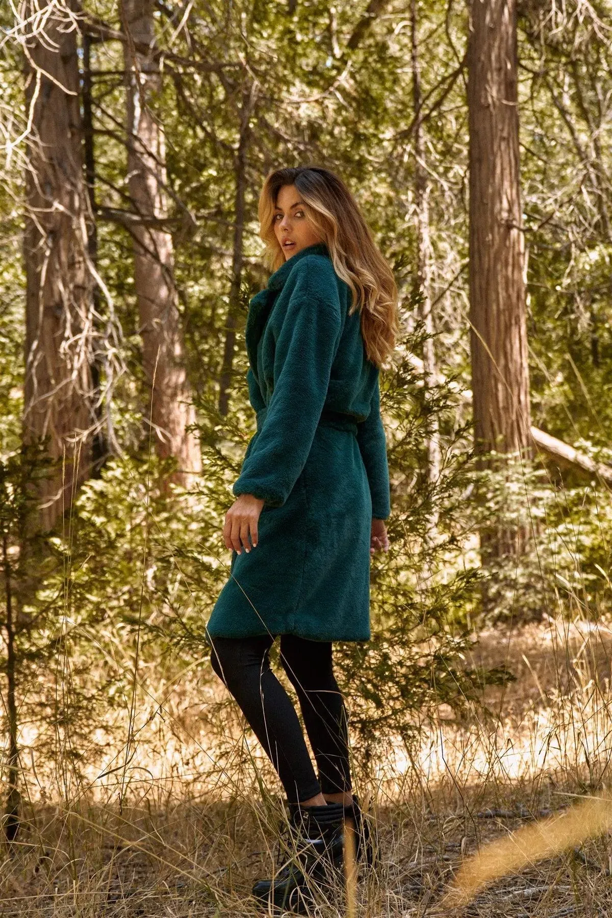 Green Soft Faux Fur Open Front Detachable Belt Long Sleeve Coat /2-2-2