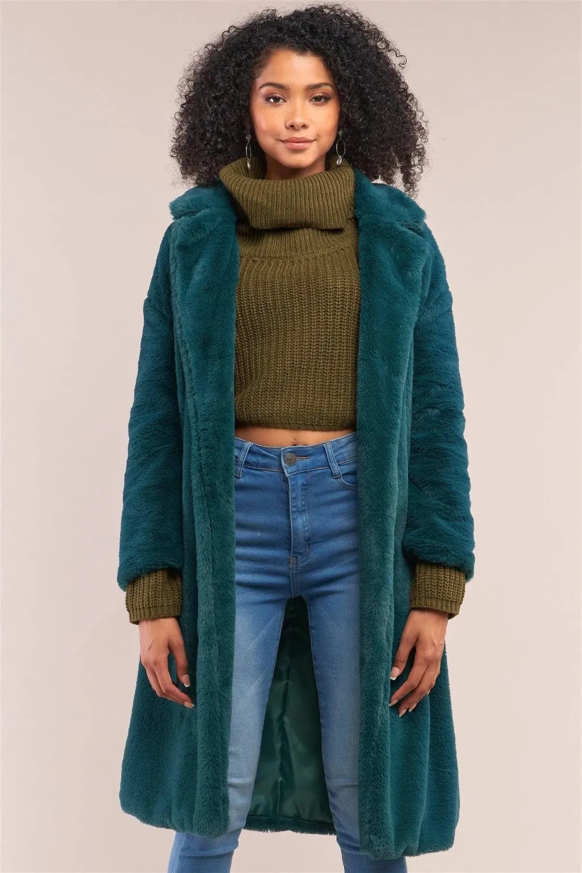 Green Soft Faux Fur Open Front Detachable Belt Long Sleeve Coat /2-2-2