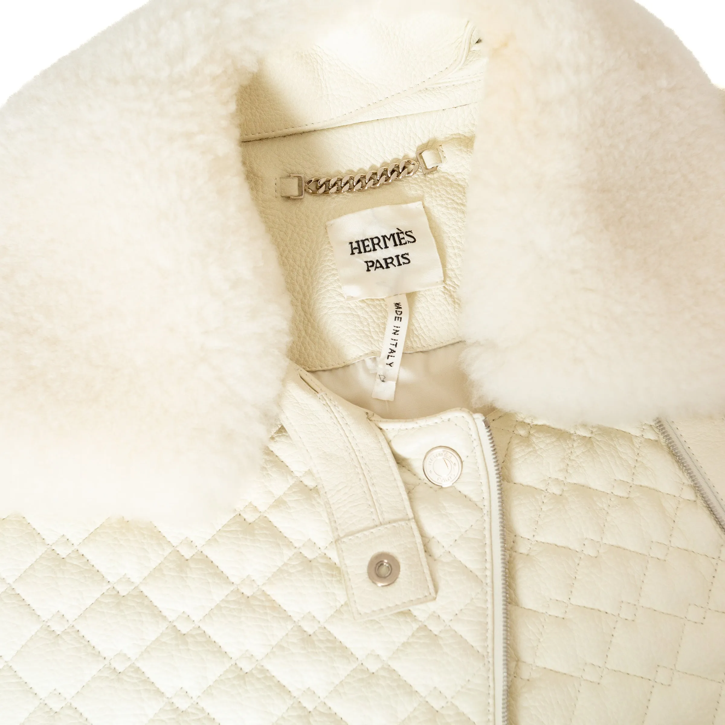 Ivory Quilted Leather and Shearling Jacket