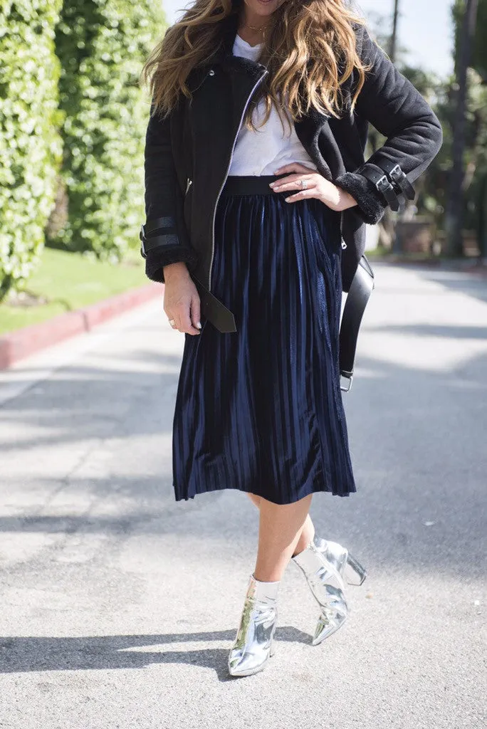 JOEY VELVET PLEATED SKIRT- NAVY