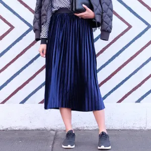 JOEY VELVET PLEATED SKIRT- NAVY