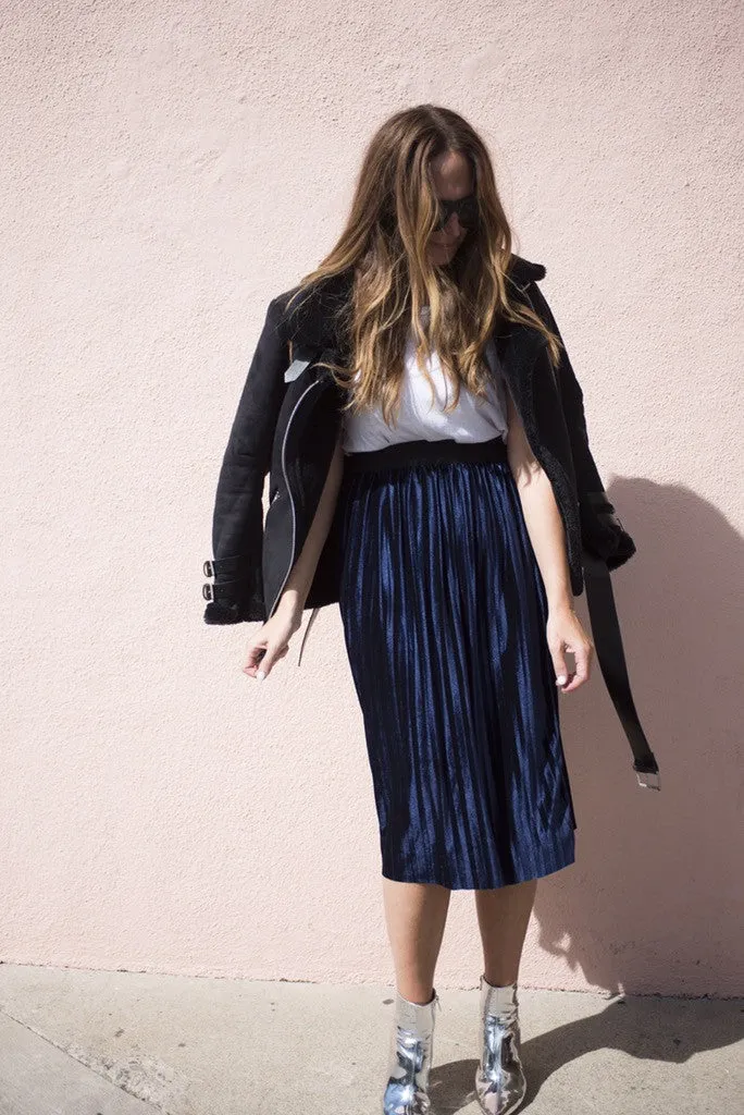 JOEY VELVET PLEATED SKIRT- NAVY