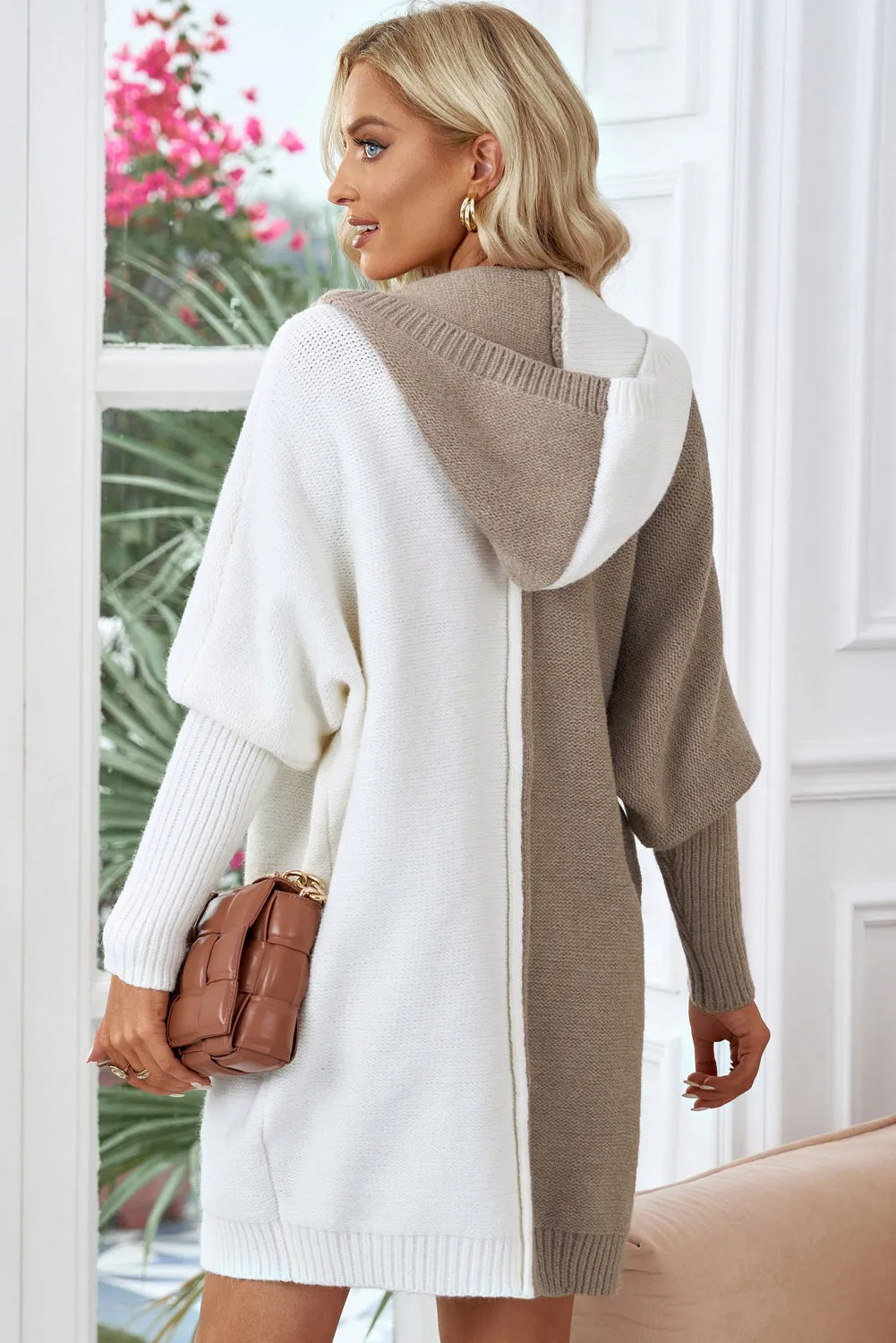 Khaki Patchwork Long Sleeve Hooded Collar Cardigan Sweater