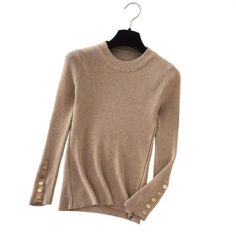 Knitted O Neck Top Women Round Neck Top Stylish Crew Neck Women's Sweater with Long Sleeves Button for Fall for Fashionable