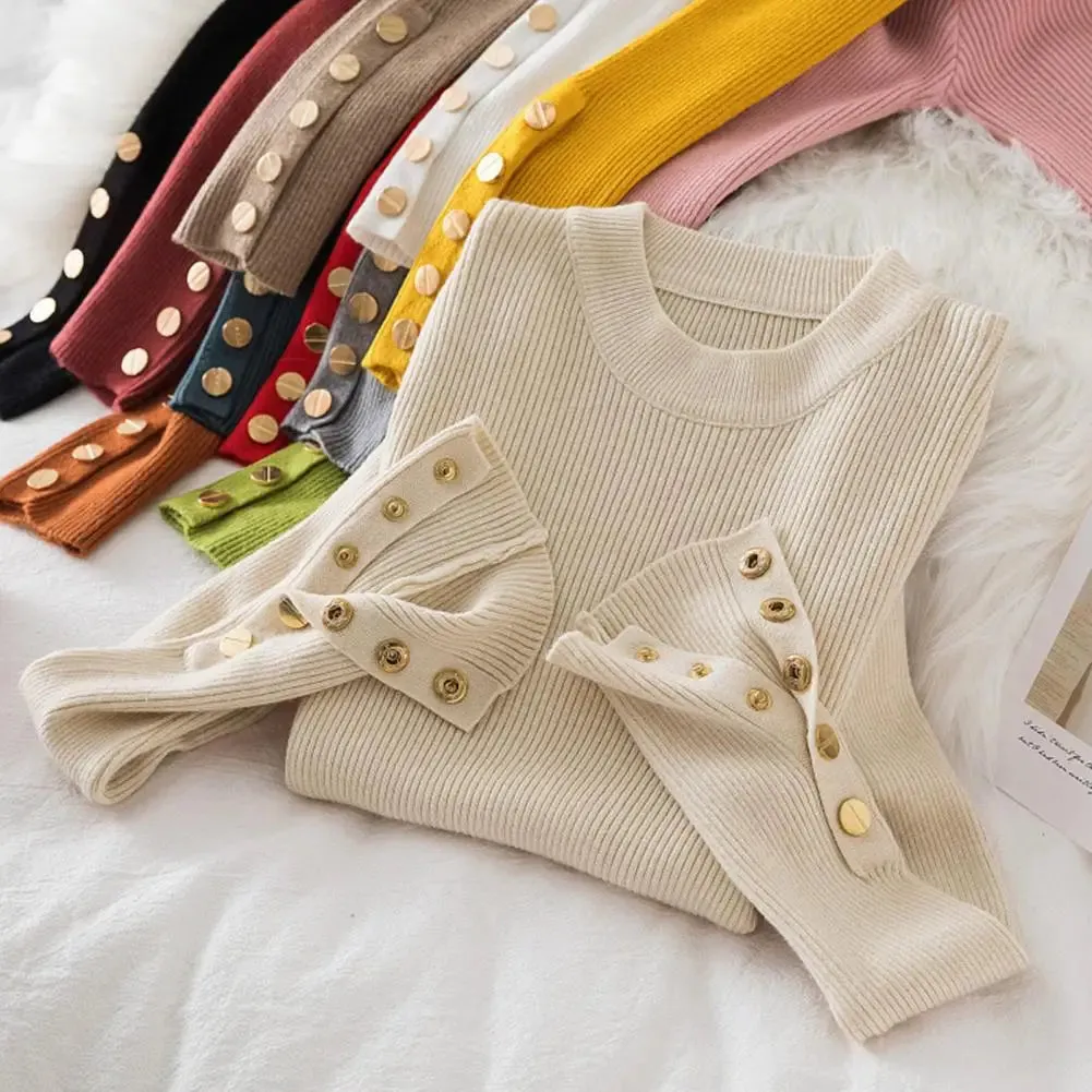 Knitted O Neck Top Women Round Neck Top Stylish Crew Neck Women's Sweater with Long Sleeves Button for Fall for Fashionable