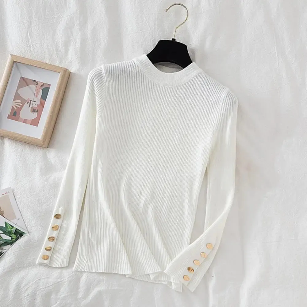 Knitted O Neck Top Women Round Neck Top Stylish Crew Neck Women's Sweater with Long Sleeves Button for Fall for Fashionable