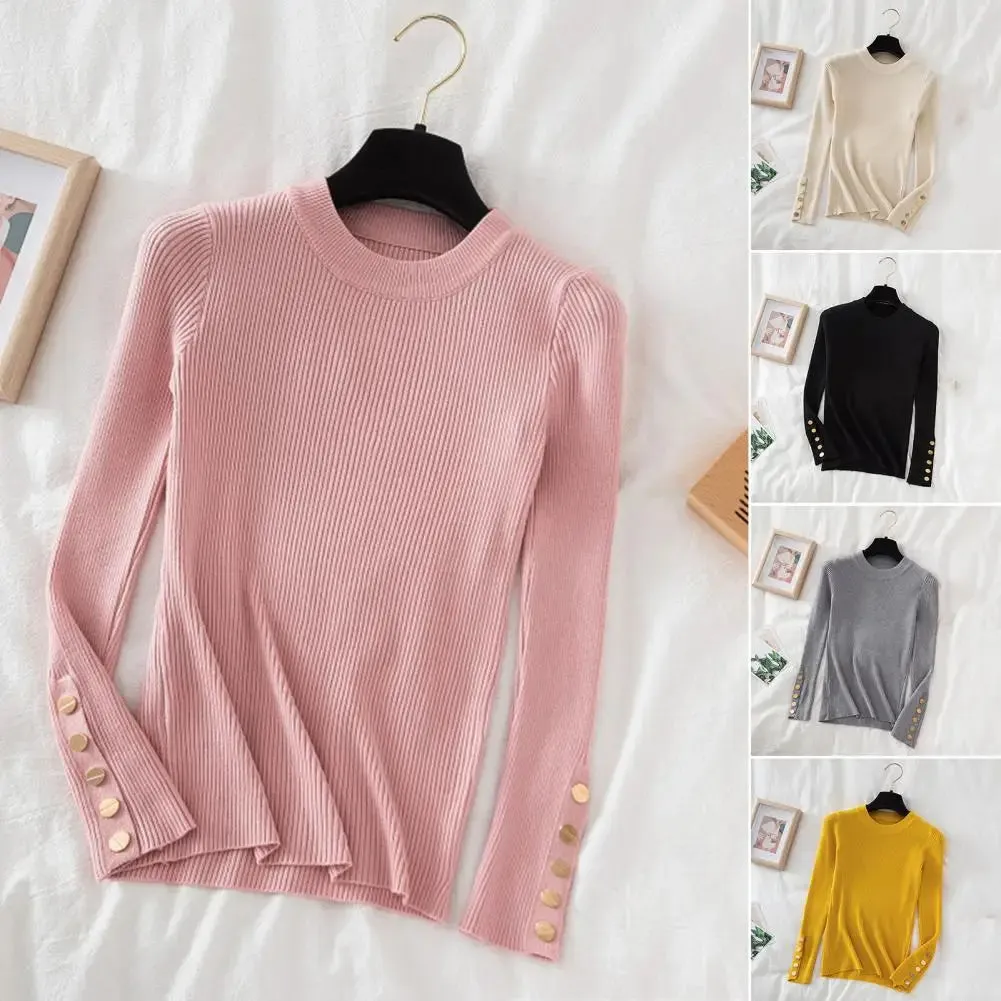 Knitted O Neck Top Women Round Neck Top Stylish Crew Neck Women's Sweater with Long Sleeves Button for Fall for Fashionable