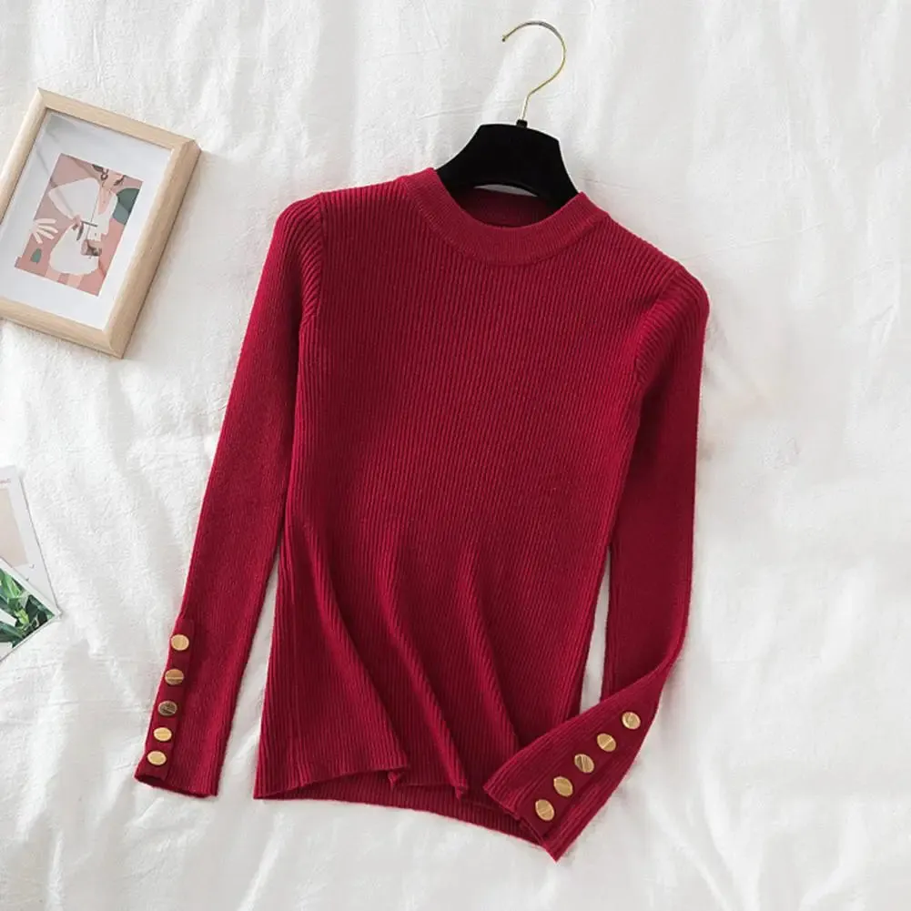 Knitted O Neck Top Women Round Neck Top Stylish Crew Neck Women's Sweater with Long Sleeves Button for Fall for Fashionable