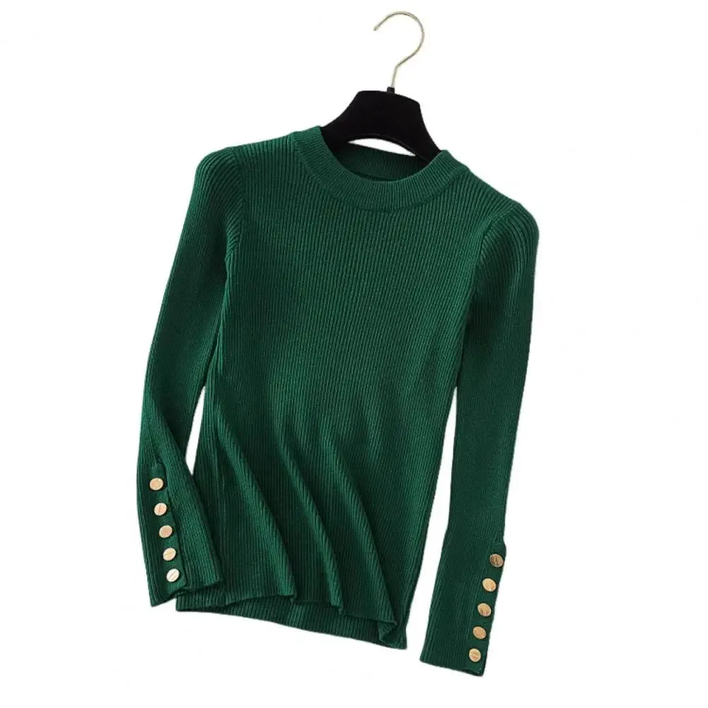 Knitted O Neck Top Women Round Neck Top Stylish Crew Neck Women's Sweater with Long Sleeves Button for Fall for Fashionable