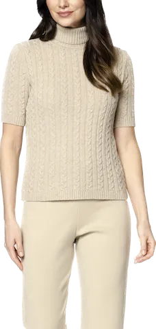 Lea Short Sleeved Cable-Knit Turtleneck - Beige