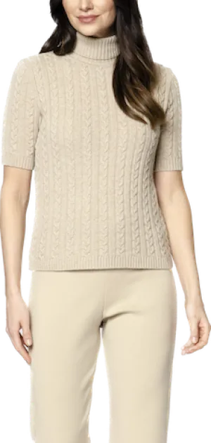 Lea Short Sleeved Cable-Knit Turtleneck - Beige