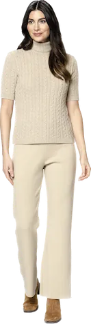 Lea Short Sleeved Cable-Knit Turtleneck - Beige