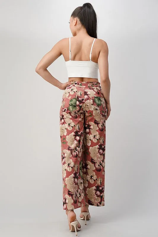 LIGHT WEIGHT CORDUROY FLORAL WIDE LEG PANTS