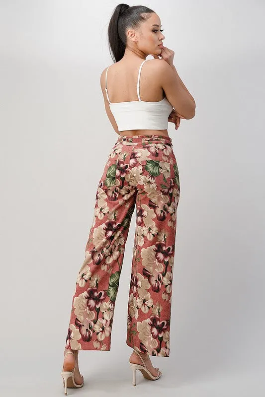 LIGHT WEIGHT CORDUROY FLORAL WIDE LEG PANTS