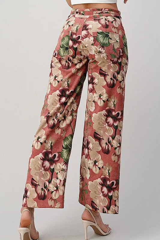 LIGHT WEIGHT CORDUROY FLORAL WIDE LEG PANTS