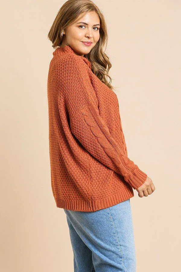 Long Sleeve Cable Knit Mock Neck Pullover Sweater