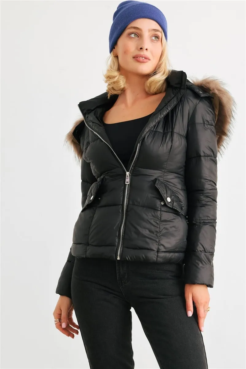 Long sleeve faux fur hood padded water resistant finish jacket