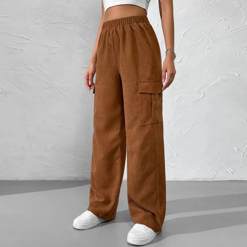 Loose Elastic Waist Casual Corduroy Wide Leg Trousers Wholesale Pants