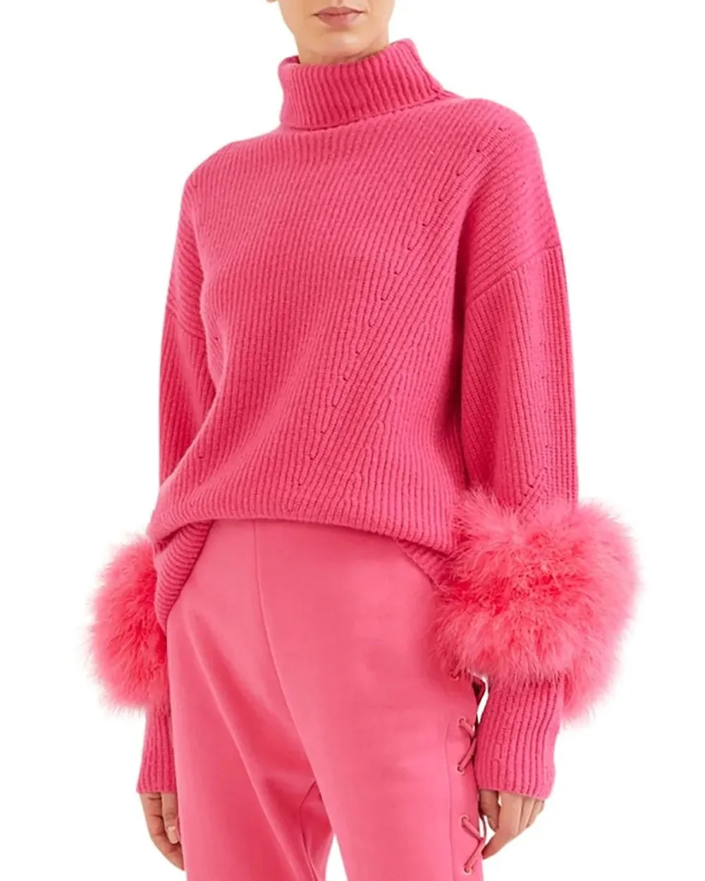 Magenta Ribbed Cashmere Feather Turtleneck Sweater