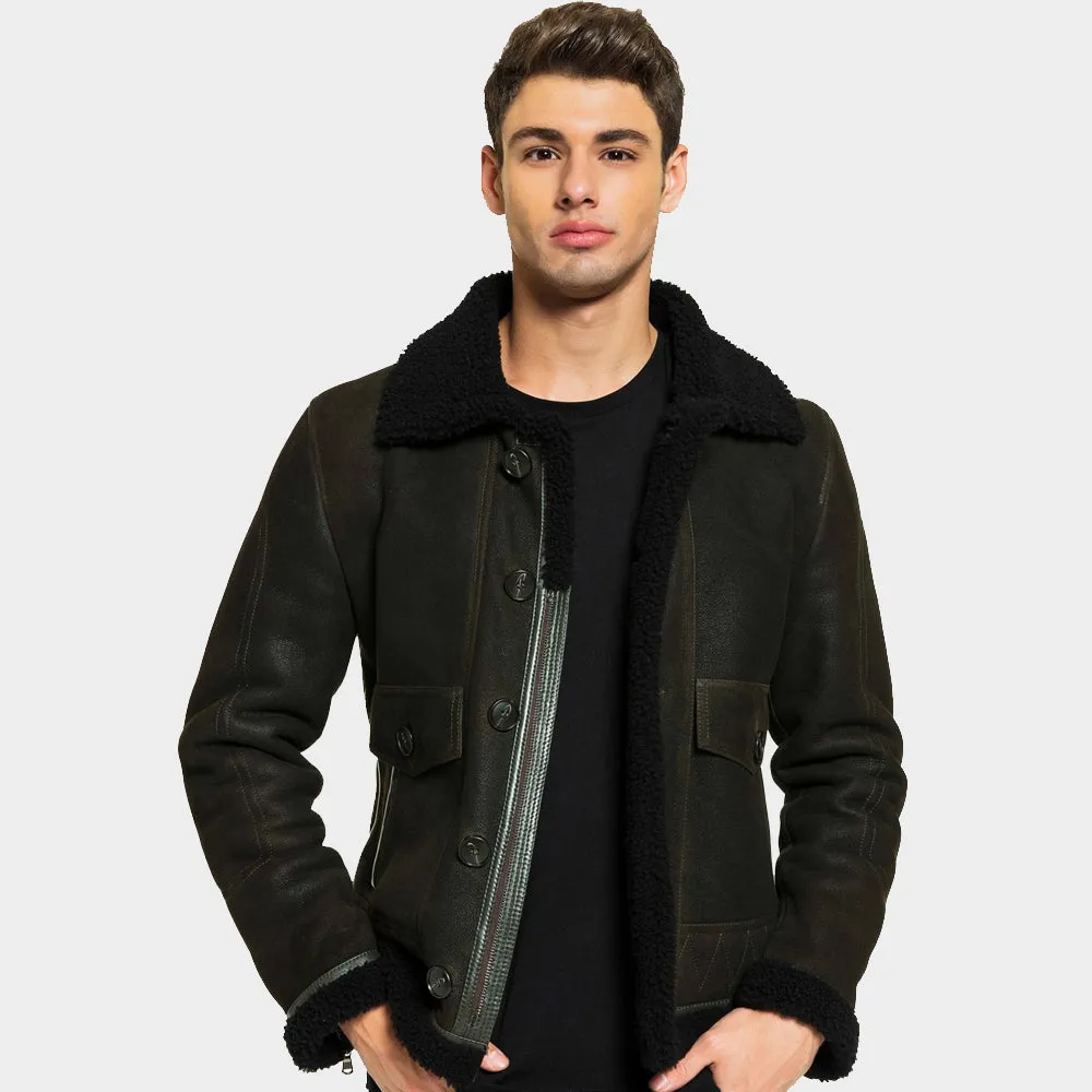 Men Aviator Dark Green Shearling Jacket