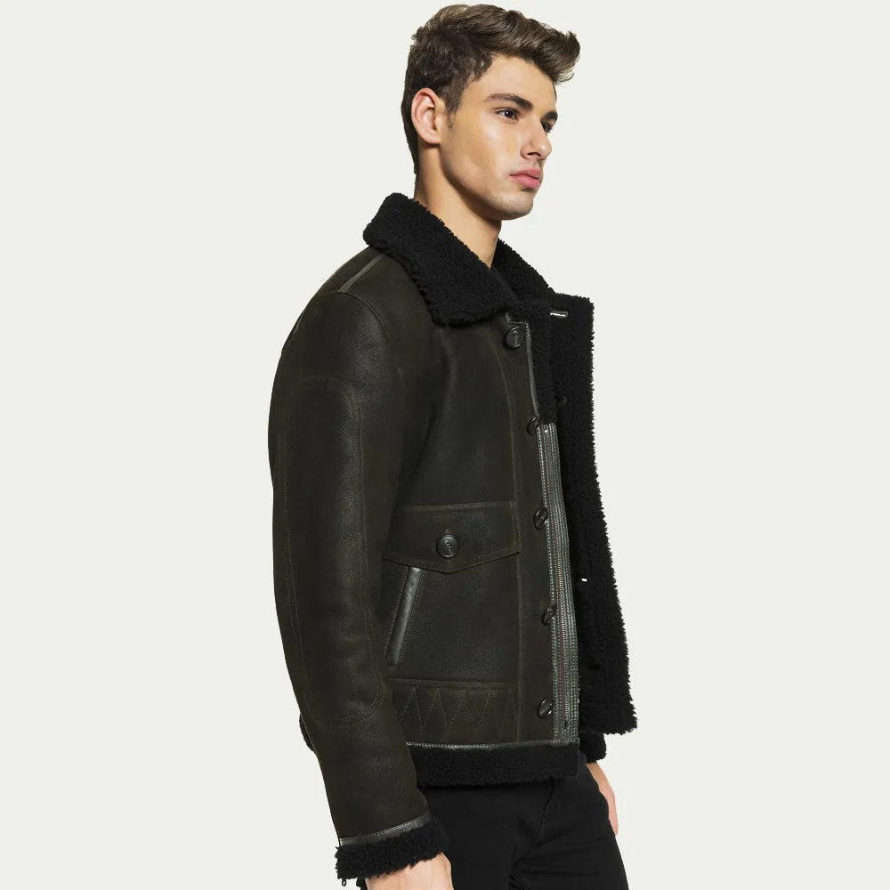 Men Aviator Dark Green Shearling Jacket