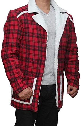 Men Red Flannel Shearling Jacket