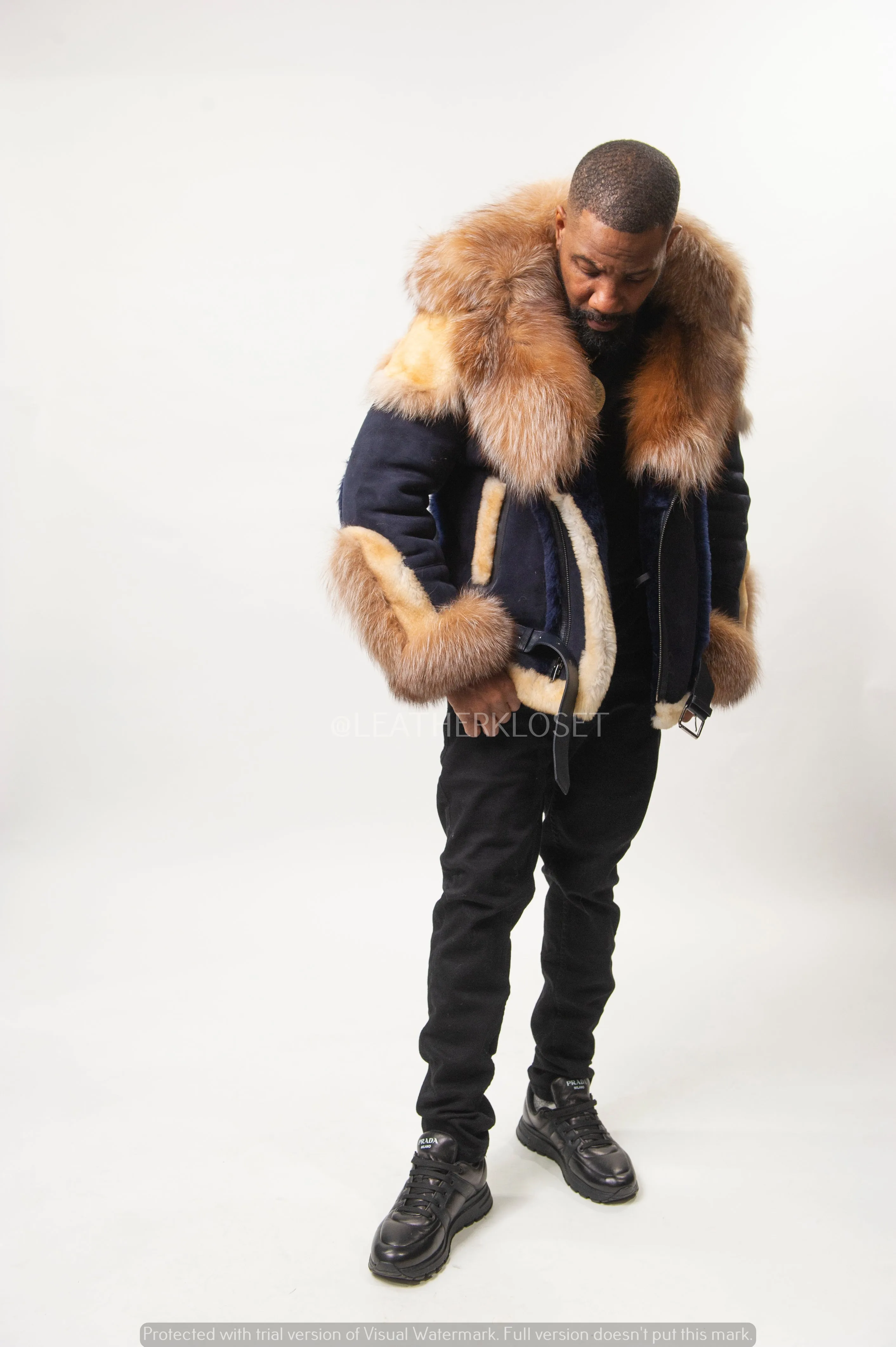 Men's Andre Shearling Biker With Fox [Navy/Gold]