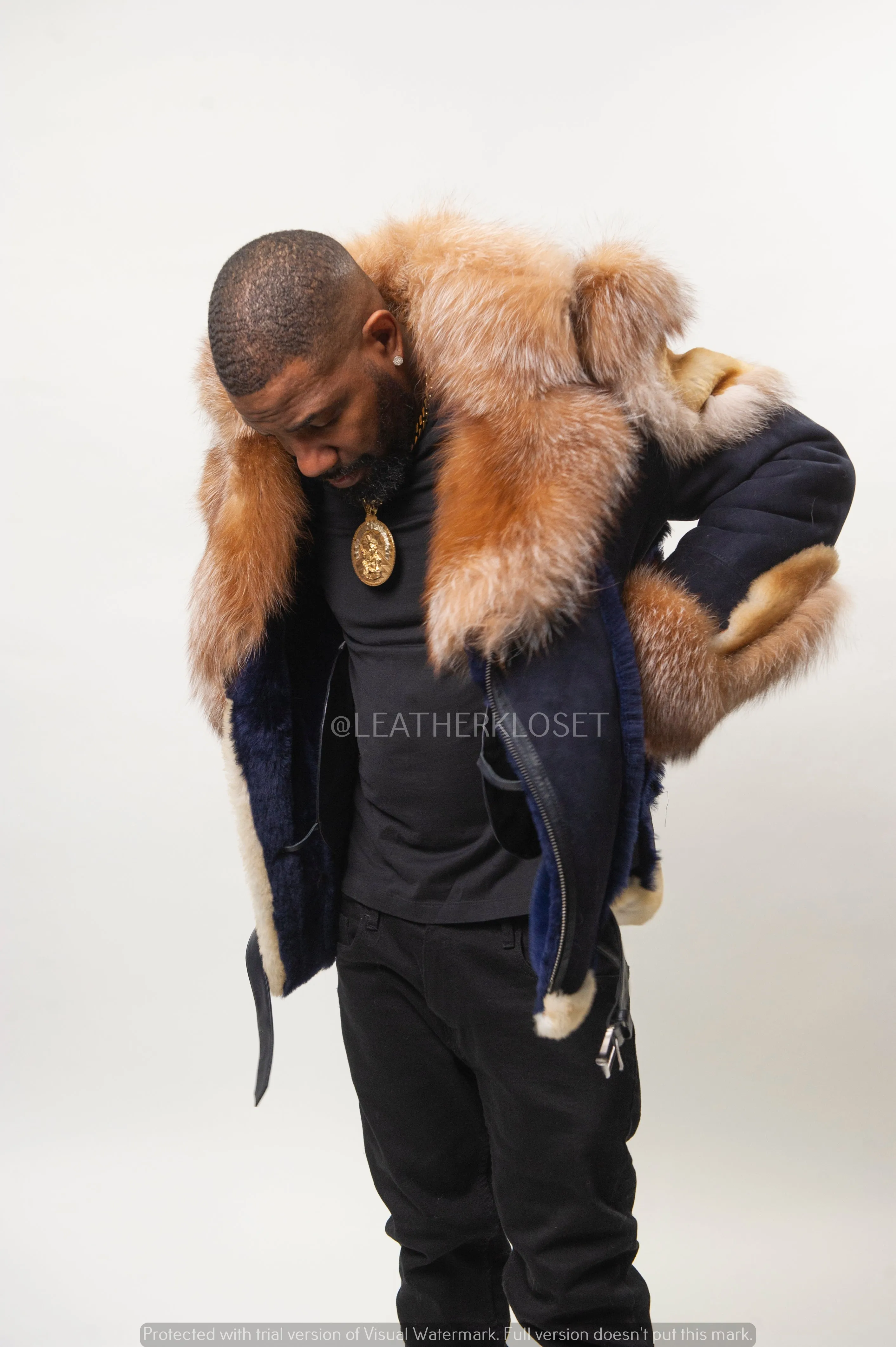 Men's Andre Shearling Biker With Fox [Navy/Gold]