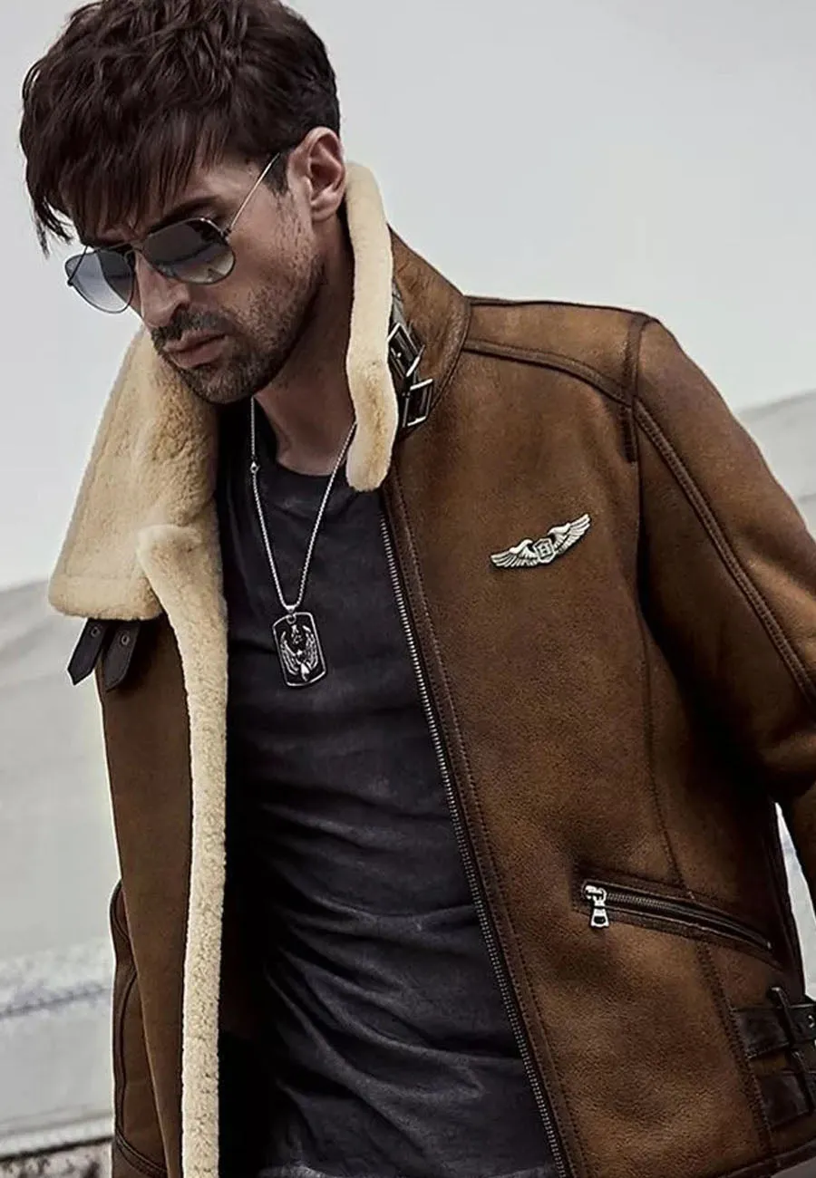 Men’s Aviator Camel Brown Leather Shearling Jacket