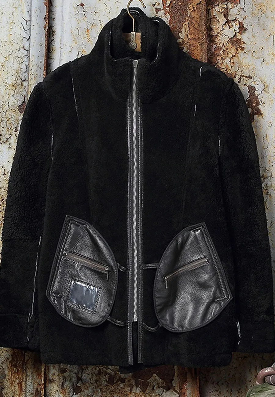 Men’s Black Leather Shearling Double Collar Jacket