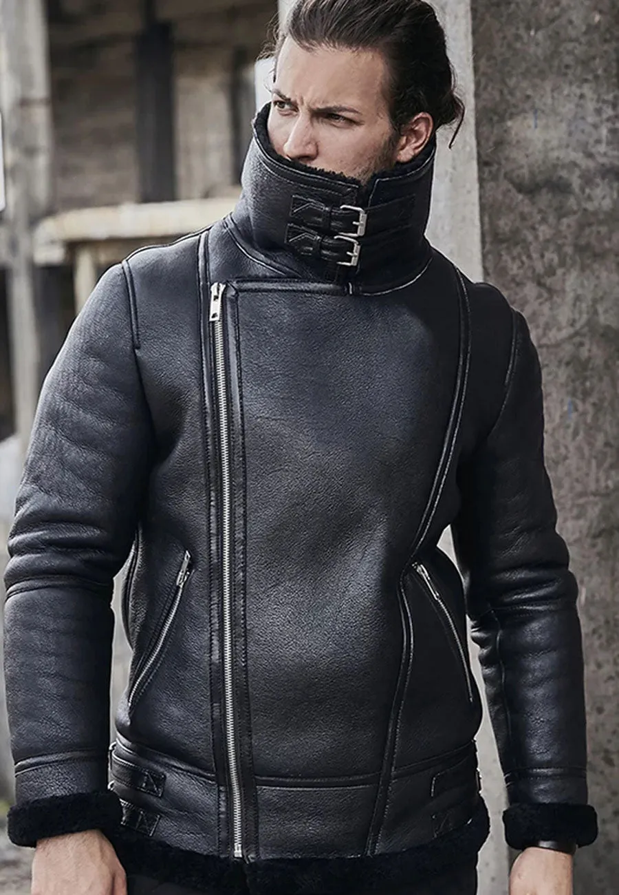 Men’s Black Leather Shearling Double Collar Jacket