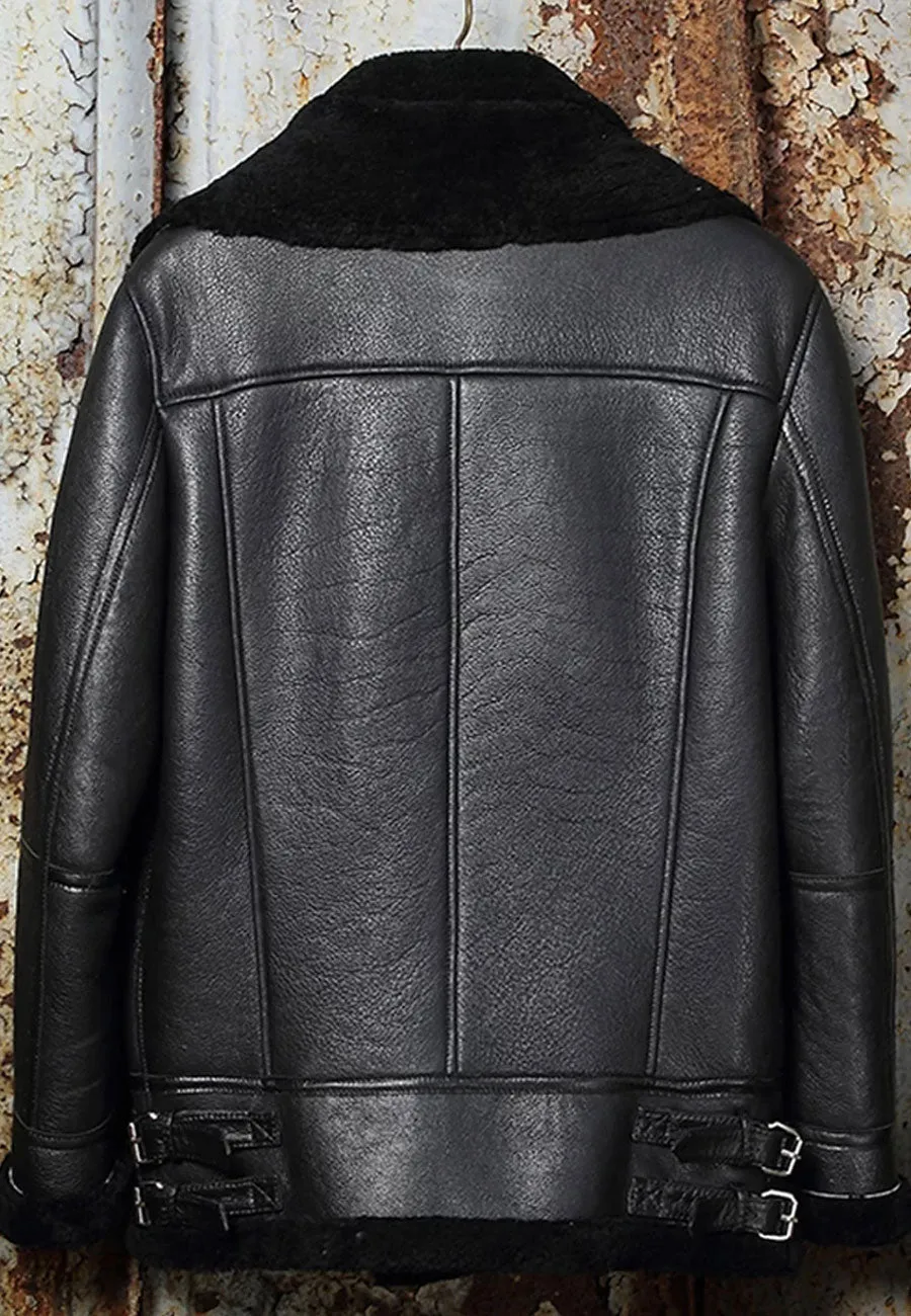 Men’s Black Leather Shearling Double Collar Jacket