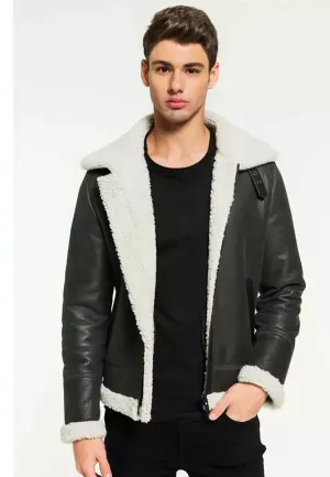 Men’s Black Leather White Shearling Jacket