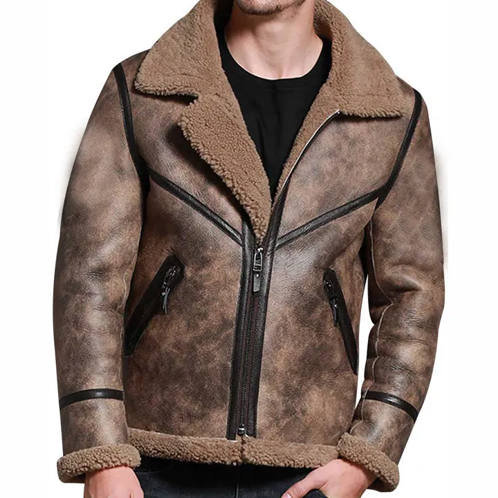 Men's Brown B3 Pilot Aviator Sheepskin Shearling Bomber Jacket