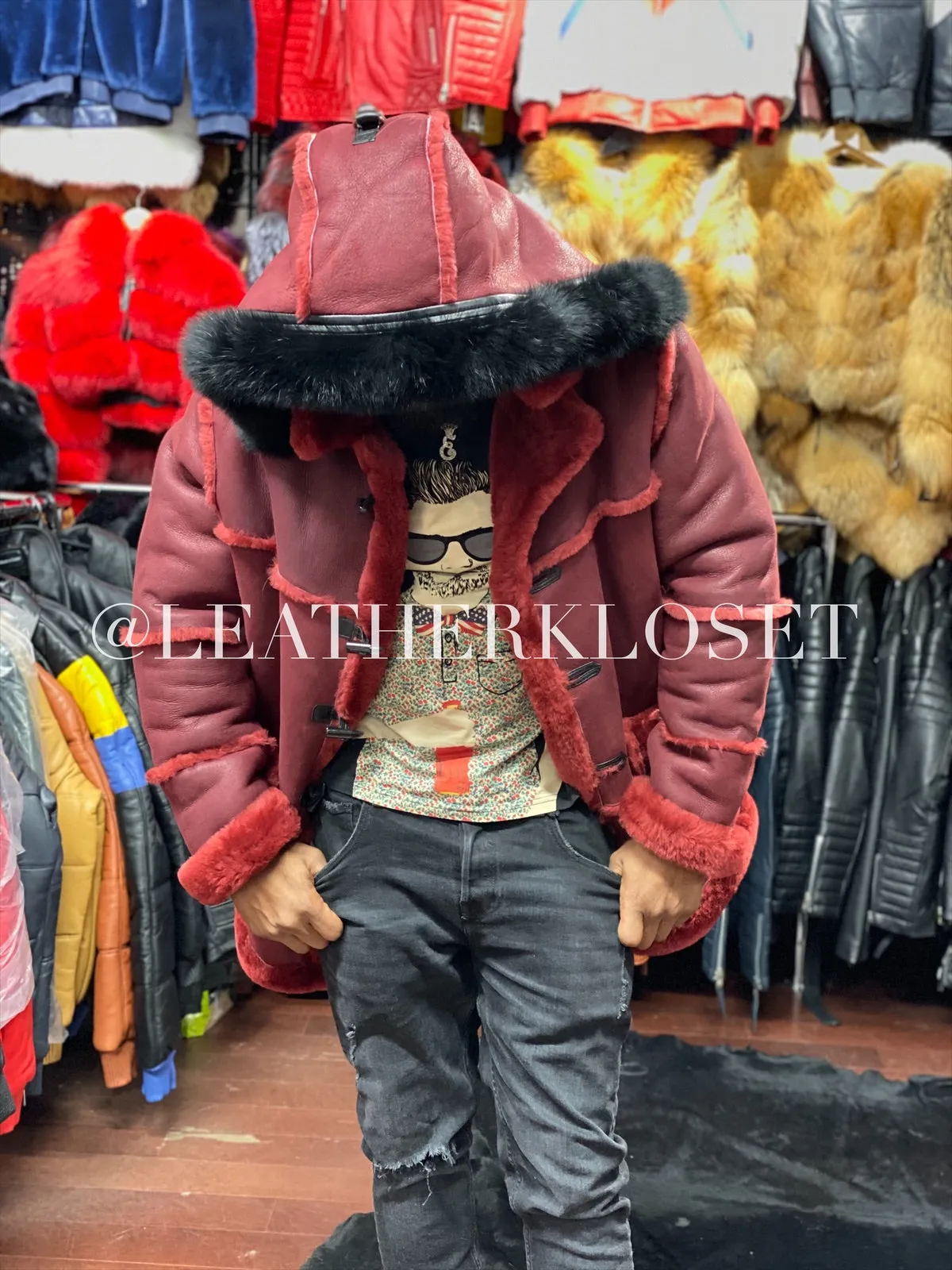 Men's Duffel Bag Sheepskin Shearling Coat [Burgundy]