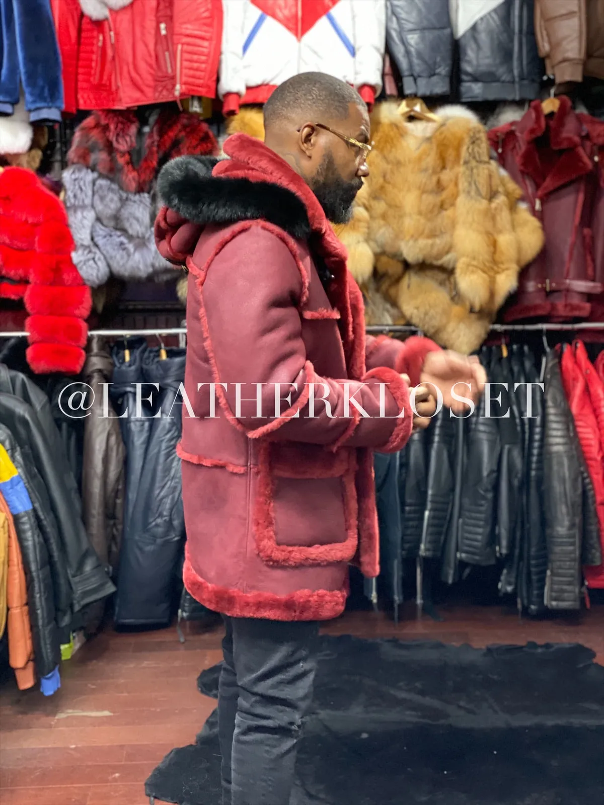 Men's Duffel Bag Sheepskin Shearling Coat [Burgundy]