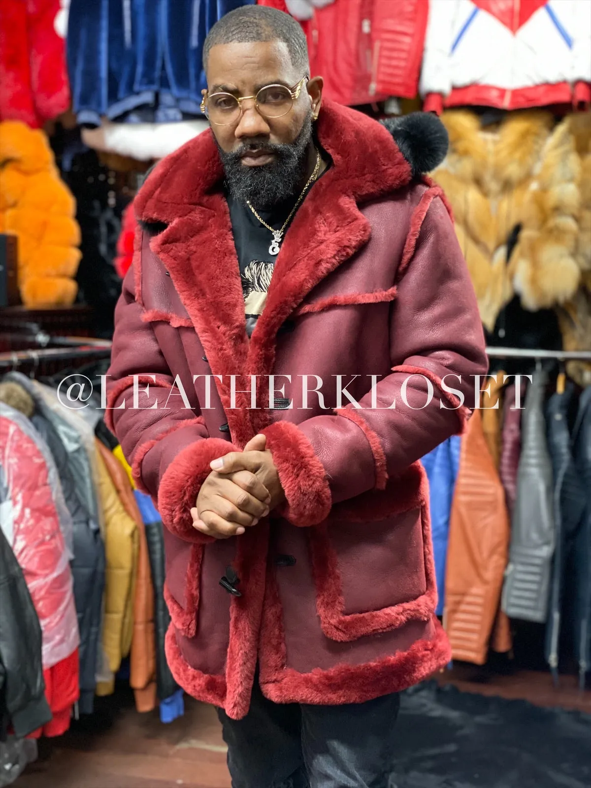 Men's Duffel Bag Sheepskin Shearling Coat [Burgundy]