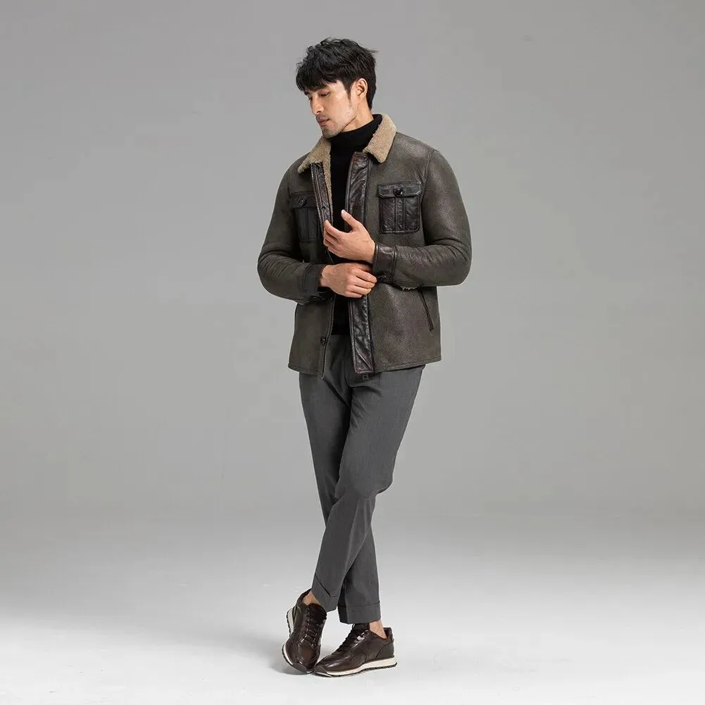 Men's Grey Shearling Jacket - Warm Winter Sheepskin Coat