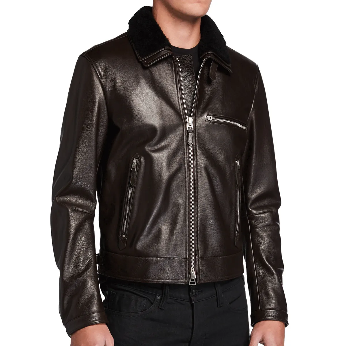 Mens Luxurious Leather Jacket with Shearling Collar