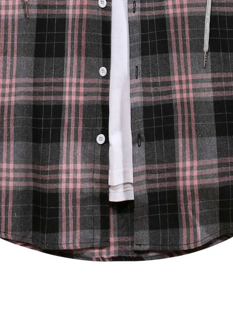 Men's Multi-color Patchwork Plaid Shirt Loose Drawstring Hooded Long-sleeved Shirt